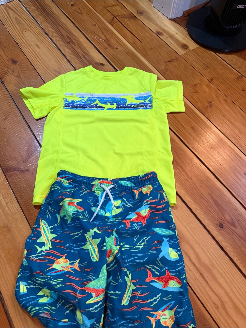 Lands End Rash Guard & Blue Shark Print Swim Shorts Set